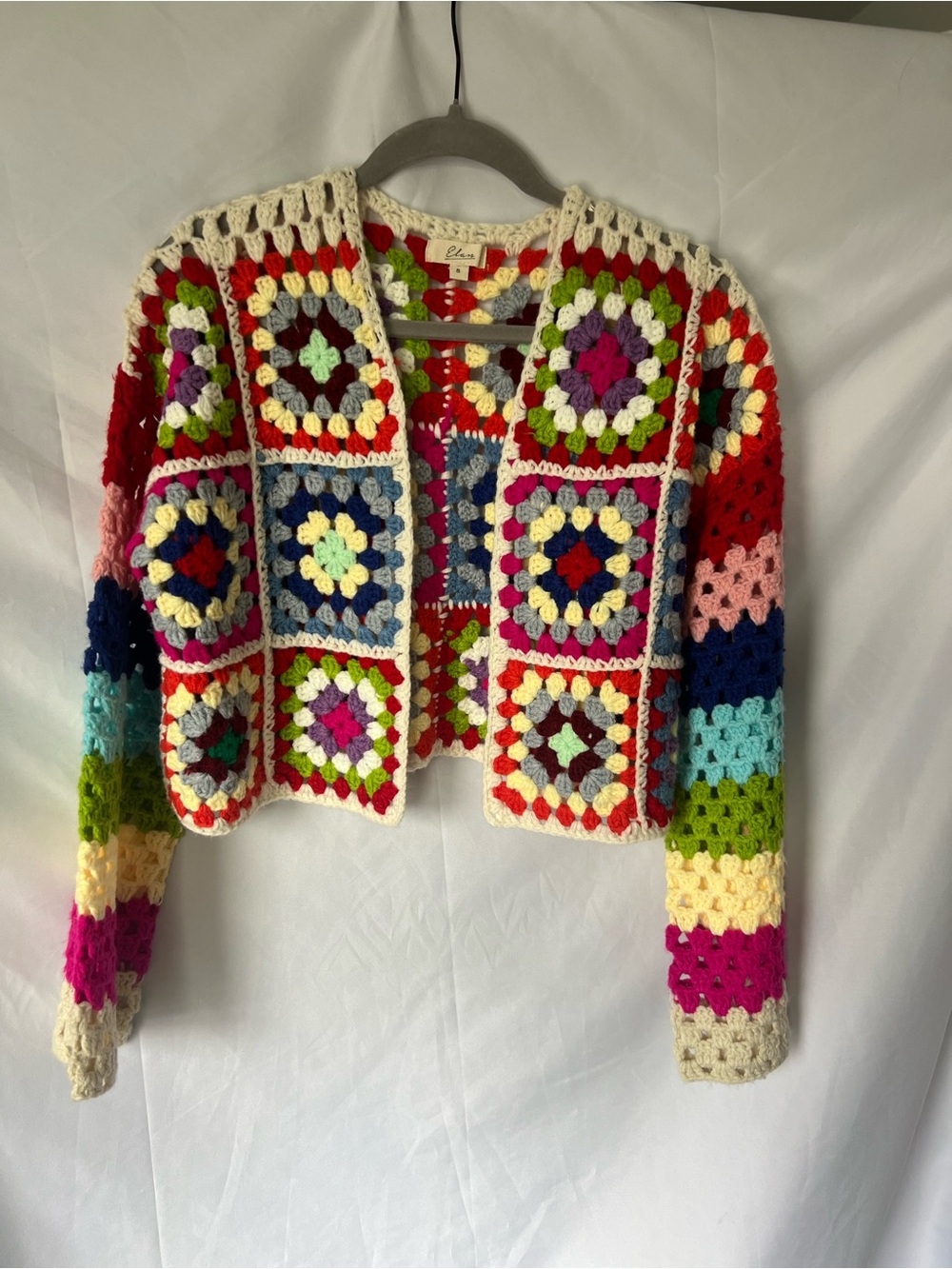 Women’s ELAN Colorful Granny Square Crochet Crop Cardigan